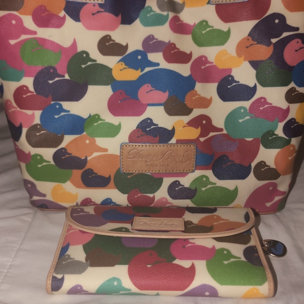 “Dooney & Bourke” Rainbow Duck C.C. Tote, “Continental Wallet” & Keychain Set